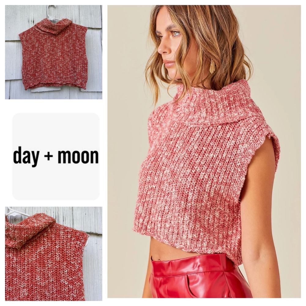 Day + Moon Lonnie Top Orange Multi Chunky Knit Cotton‎ Cropped Mock Neck  S